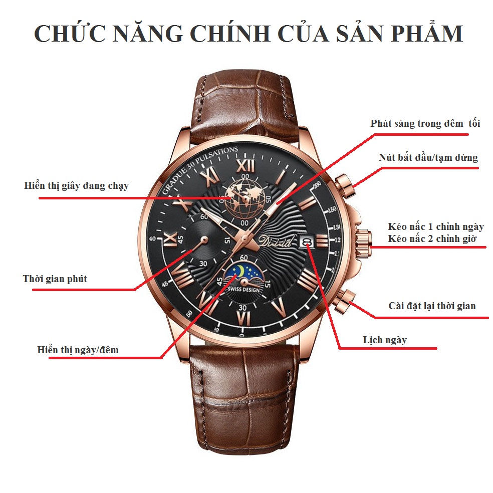 Đồng hồ nam chính hãng DIZIZID dây da cao cấp - Chống nước tốt - Chạy full 6 kim và lịch ngày - Kim dạ quang - Tặng kèm pin dự phòng DZDD68