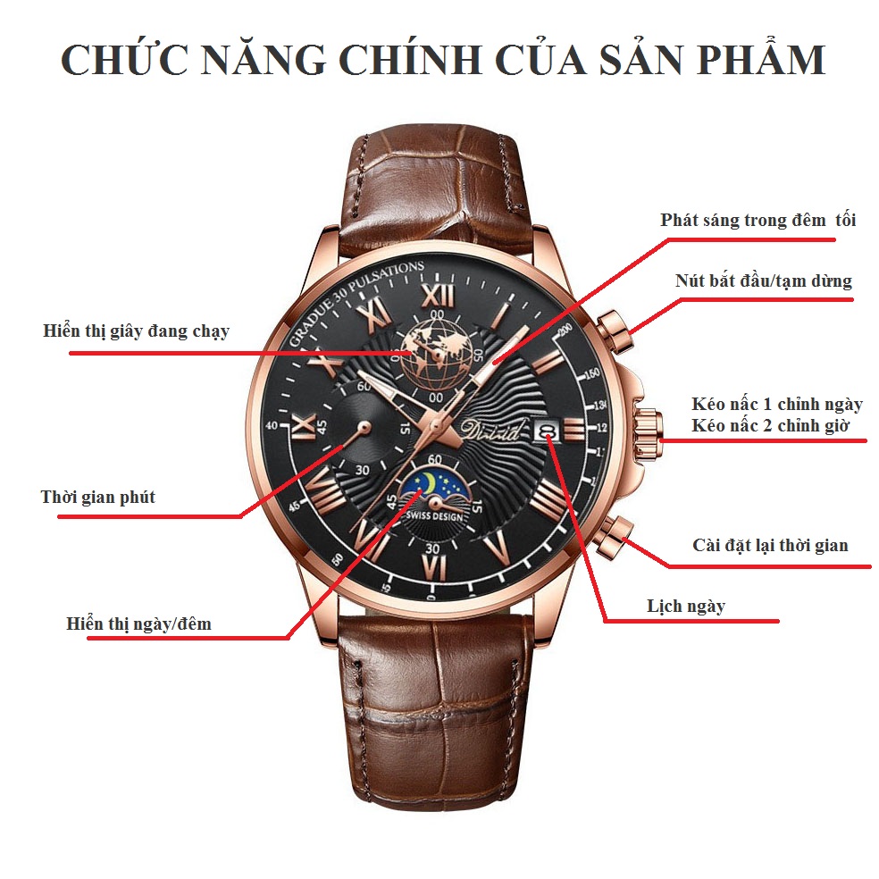 Đồng hồ nam chống nước DIZIZID chính hãng dây da cao cấp - Chạy full 6 kim và lịch ngày - Chống nước tốt - Kim dạ quang - Tặng kèm pin dự phòng DZDT69
