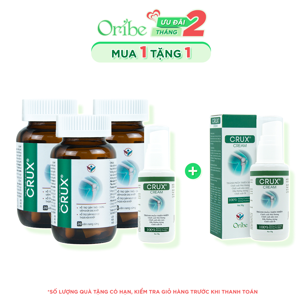 Combo 3 Viên uống + 1 Kem Thoa Giảm Sưng Đau , Chống Thoái Hóa Khớp, Tăng Cường Vận Động Crux