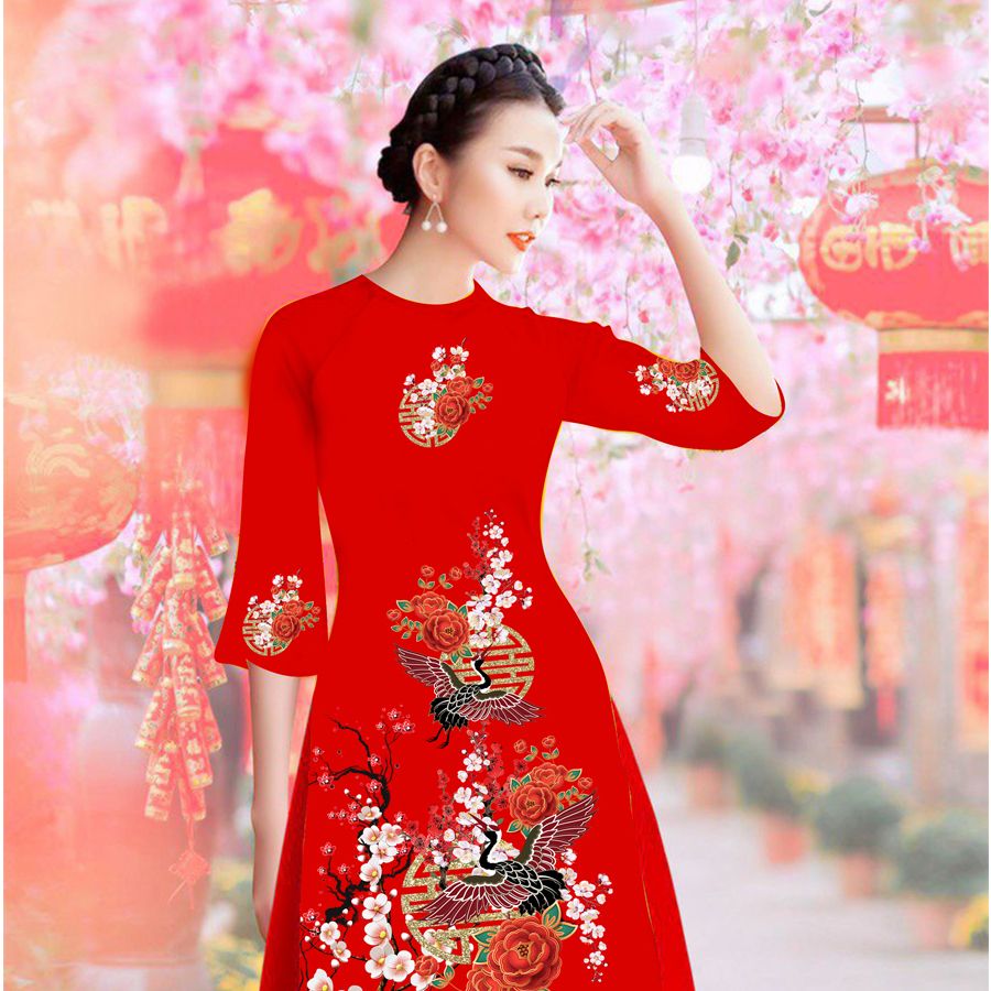 [HCM] Áo dài cách tân in chim hạt đậu trên cành đào AD037 - Khanh Linh Style