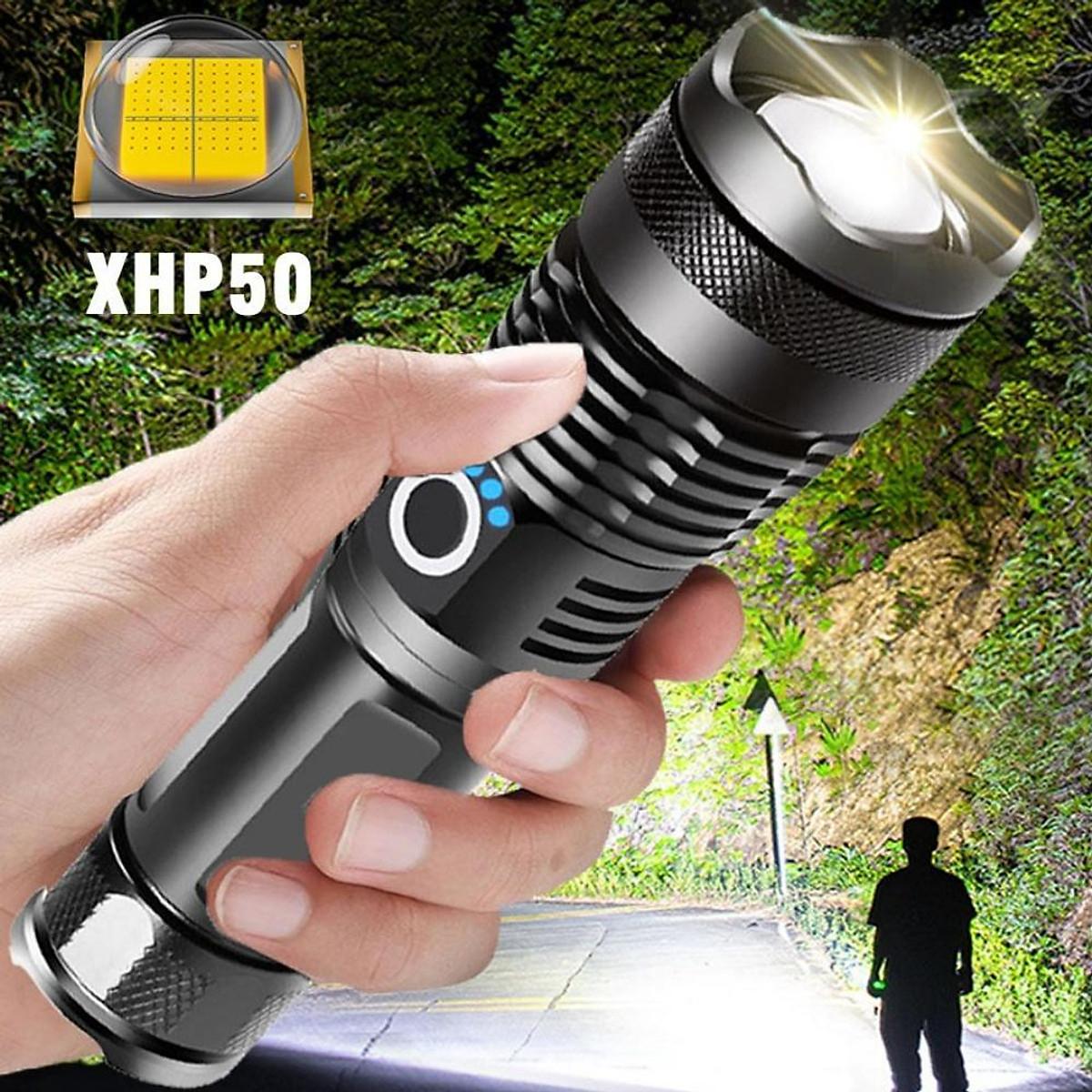 Đèn pin siêu sáng XHP50 bản cao cấp đèn led chiếu xa chống nước, chiếu xa 300m, sạc pin tiện lợi Độ sáng 1800 lumens