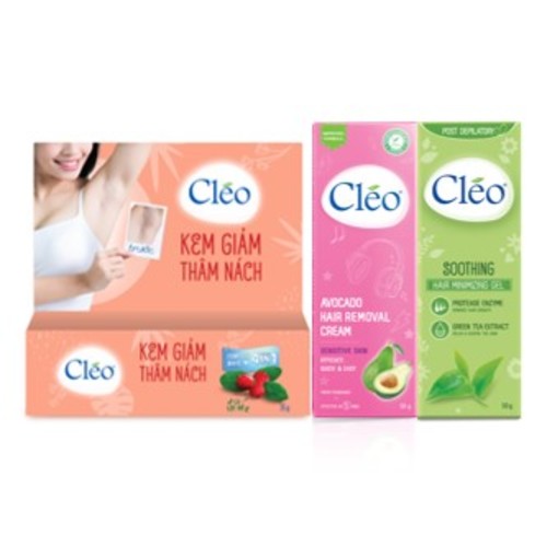 Bộ tẩy lông vùng nách Cléo an toàn cho da nhạy cảm 50g, kem giảm thâm Cléo, dưỡng trắng da 35g Và gel dưỡng da sau tẩy lông 50g