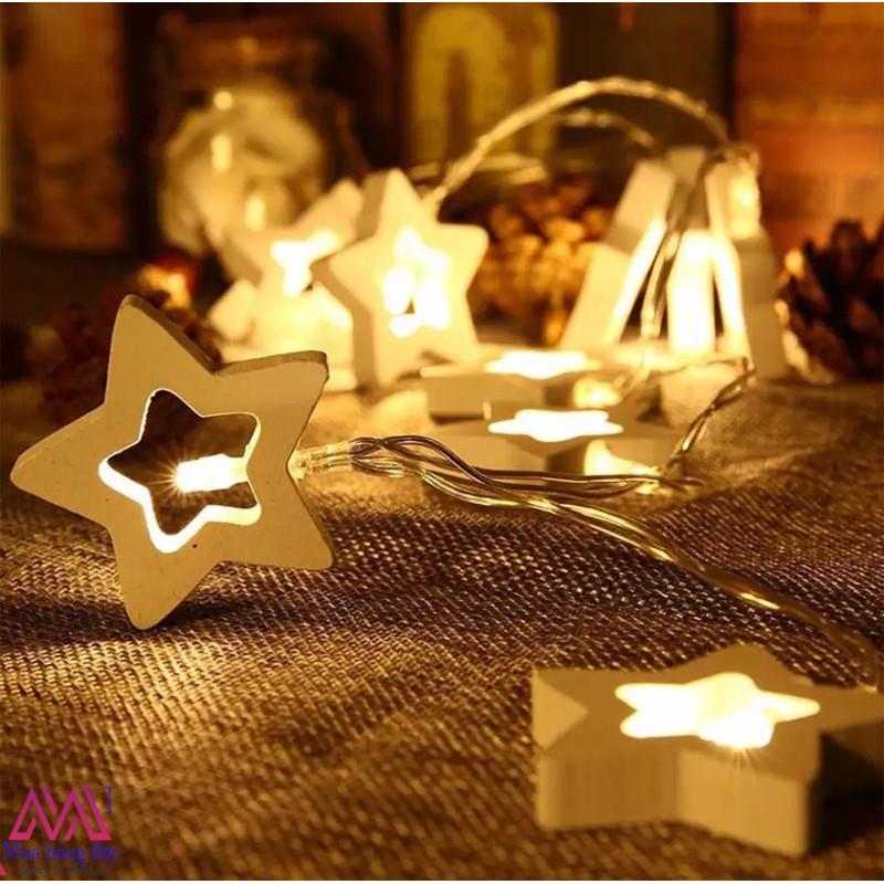 Dây đèn trang trí cắm điện hình ngôi sao khung gỗ màu vàng ấm