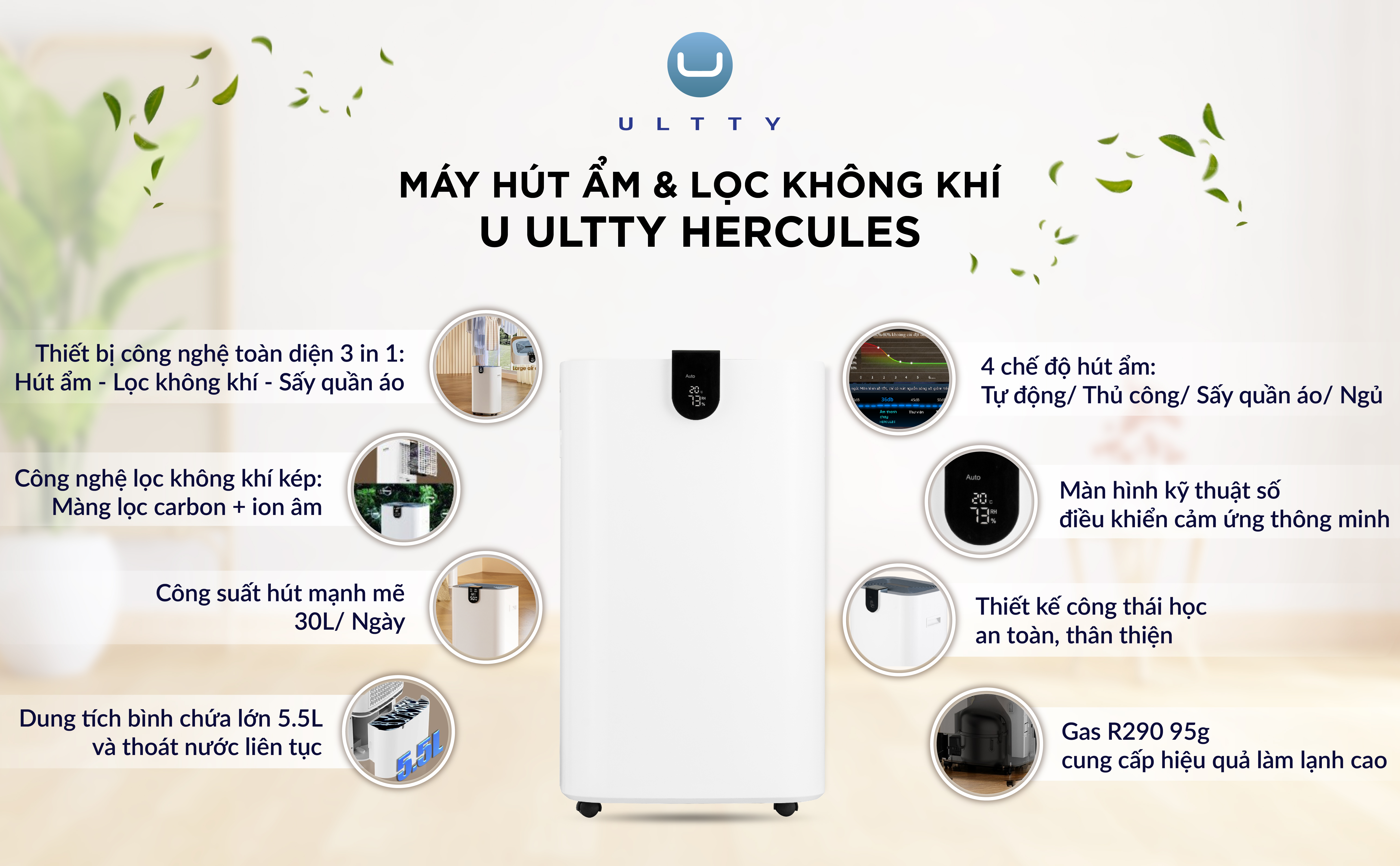 Máy Hút Ẩm & Lọc Không Khí ULTTY HERCULES, Công nghệ lọc Cacbon + Plasmacluster ion, Bình chứa 5,5L, Hàng chính hãng bảo hành 2 năm