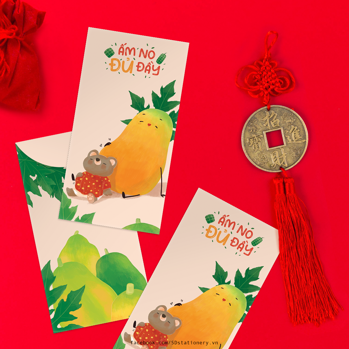 Bao lì xì SDstationery NGŨ QUẢ SUM VẦY (set 5 bao) giấy chất lượng cao, dễ thương, vui nhộn, độc lạ 9x17 cm