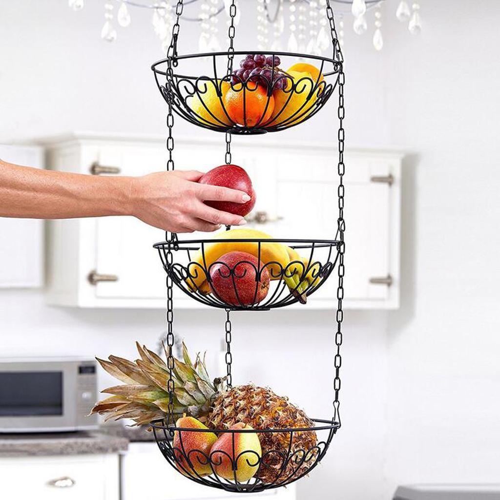 3 Tier Metal Kitchen Wire Vegetable Rack Fruit Hanging Basket Bowl Shower