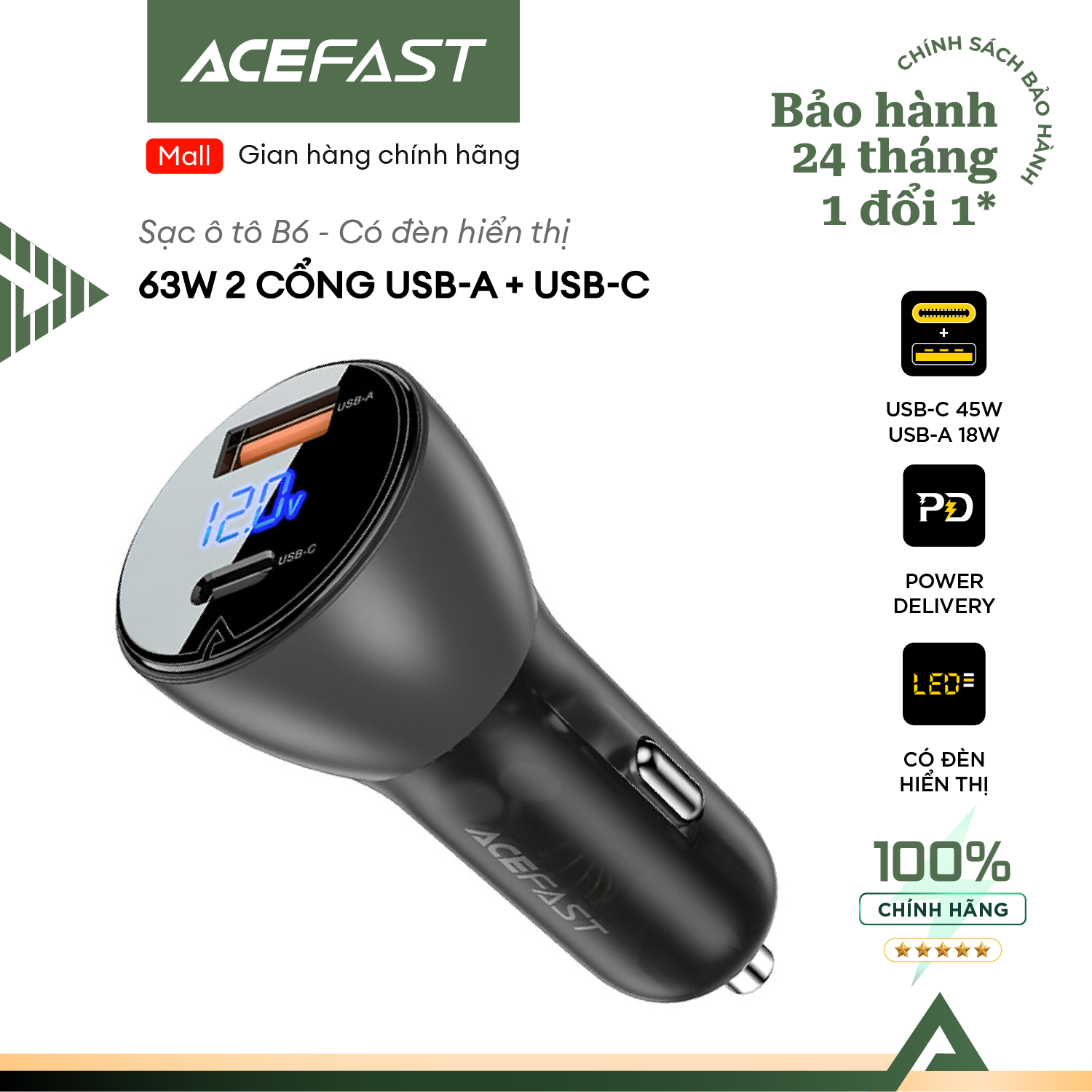 Sạc ô tô Acefast 63W 2 cổng USB-A + USB-C có đèn hiển thị - B6 Hàng chính hãng Acefast