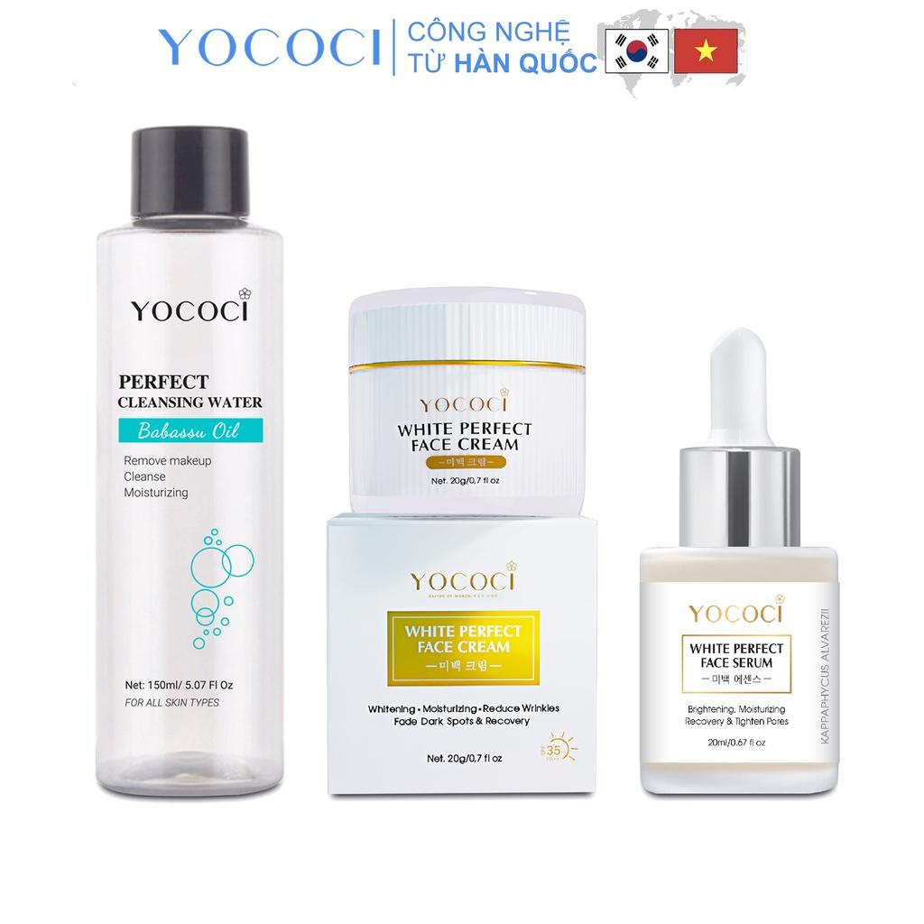 Bộ 3 sản phẩm Yococi Perfect gồm 1 serum dưỡng da 20ml, 1 kem dưỡng trắng da mặt 20g & 1 nước tẩy trang 150ml