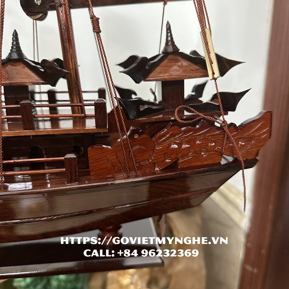 Mô hình thuyền gỗ thuyền trang trí thuyền gỗ cổ Hạ Long Rồng - Thân tàu dài 40cm - Buồm gỗ tự nhiên