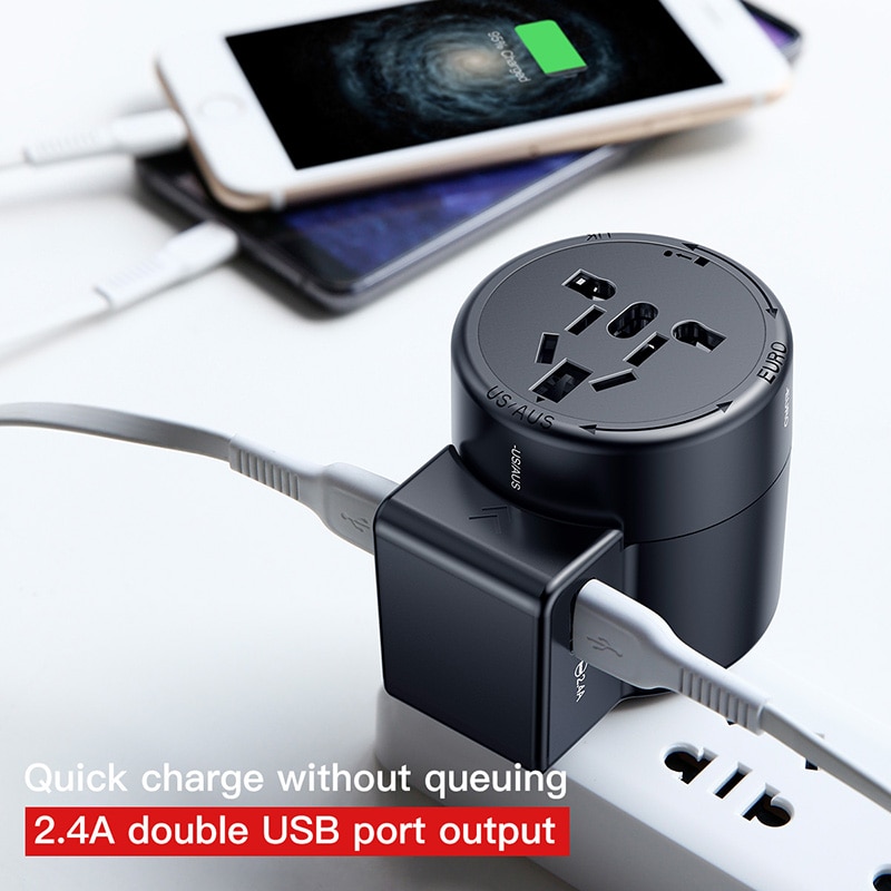 Cóc củ sạc nhanh 2.4A đa năng trang bị 2 cổng USB hiệu Baseus Travel HPK-01 hỗ trợ nhiều loại ổ cắm tiêu chuẩn Quốc tế - Hàng nhập khẩu