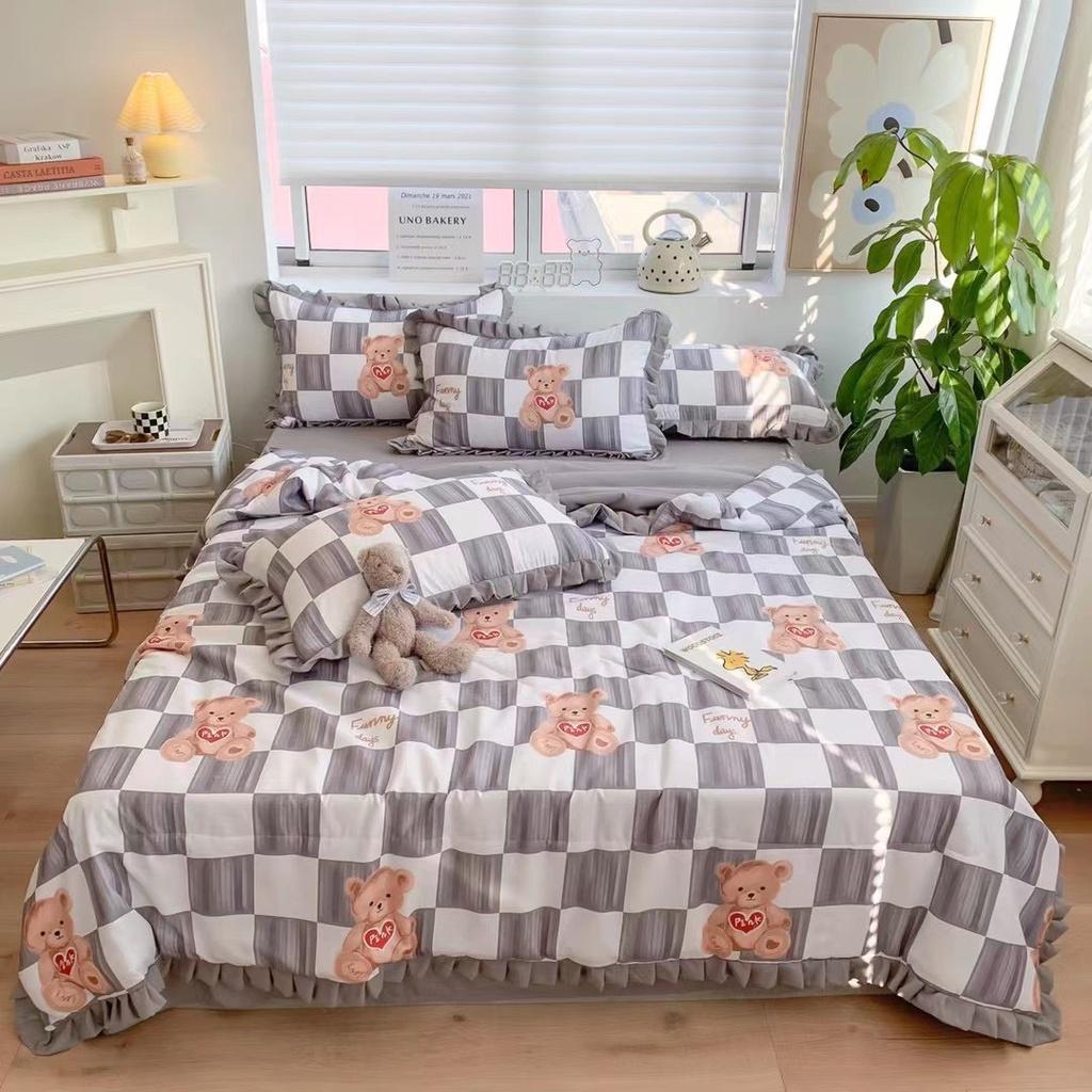 Bộ ga giường chăn chần bông hè chất Cotton Đũi bèo phong cách Hàn Quốc - Nhà Nhím Bedding