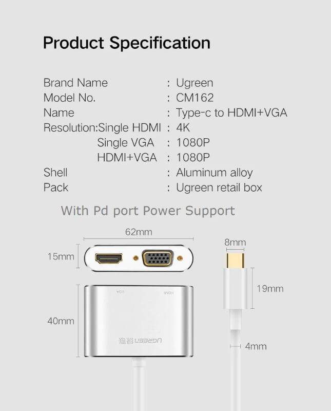 Ugreen UG50508CM177TK 15CM màu Trắng Bộ chuyển đổi TYPE C sang HDMI + VGA + hỗ trợ nguồn TYPE C - HÀNG CHÍNH HÃNG