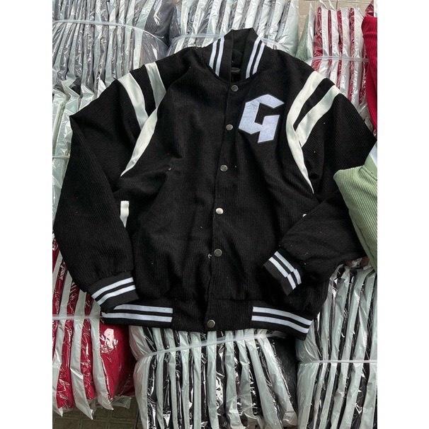 Áo Khoác Bomber Nhung Gân Tăm Thêu  ̂ Jacket Varsity GONZ Unisex Form Rộng Nam Nữ Ulzzang NUPAKACHI