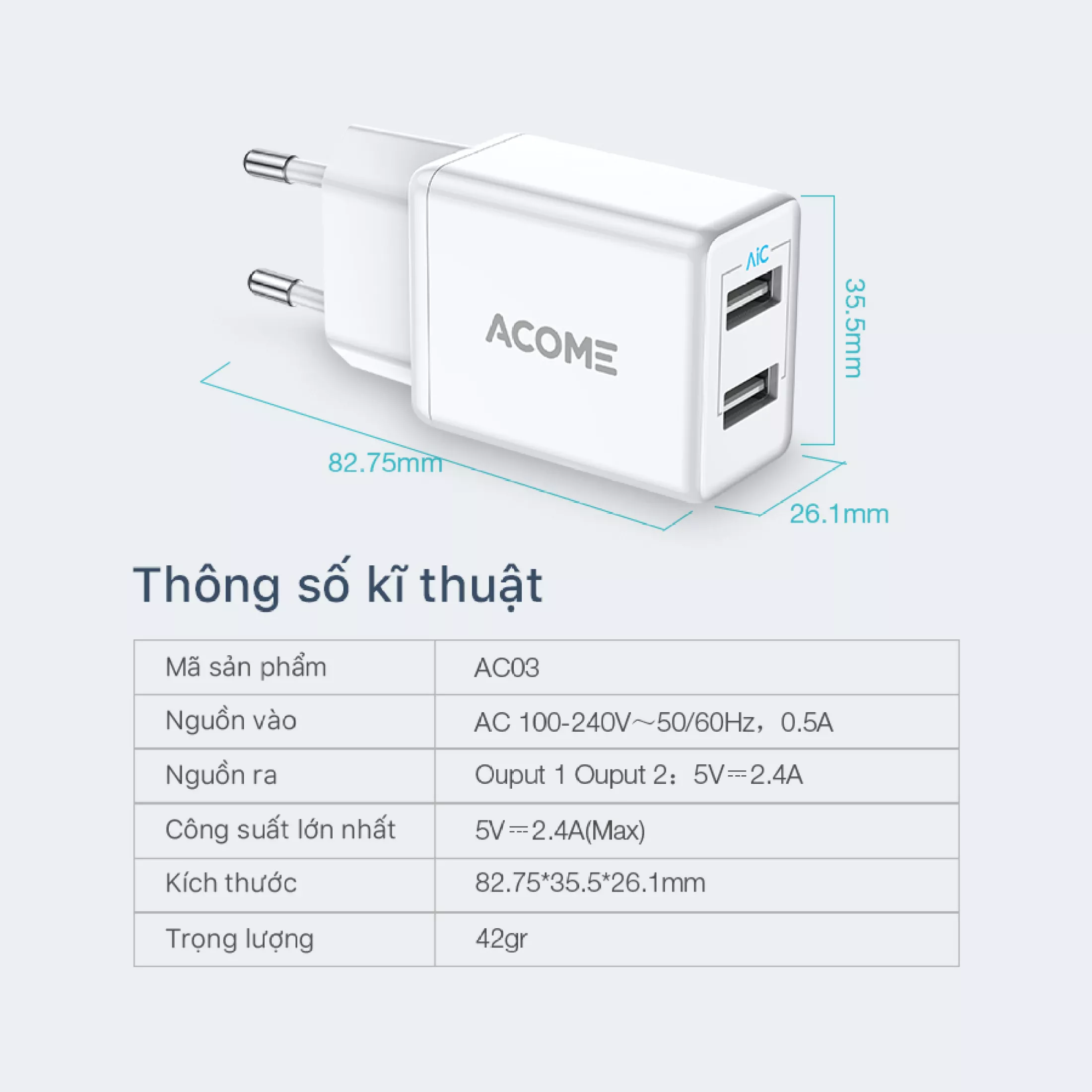 Cốc sạc ACOME AC03 Cho Di Động/Điện Thoại/Máy Tính Bảng Có 2 Cổng USB Sạc Nhanh 2.4A - Hàng Chính Hãng