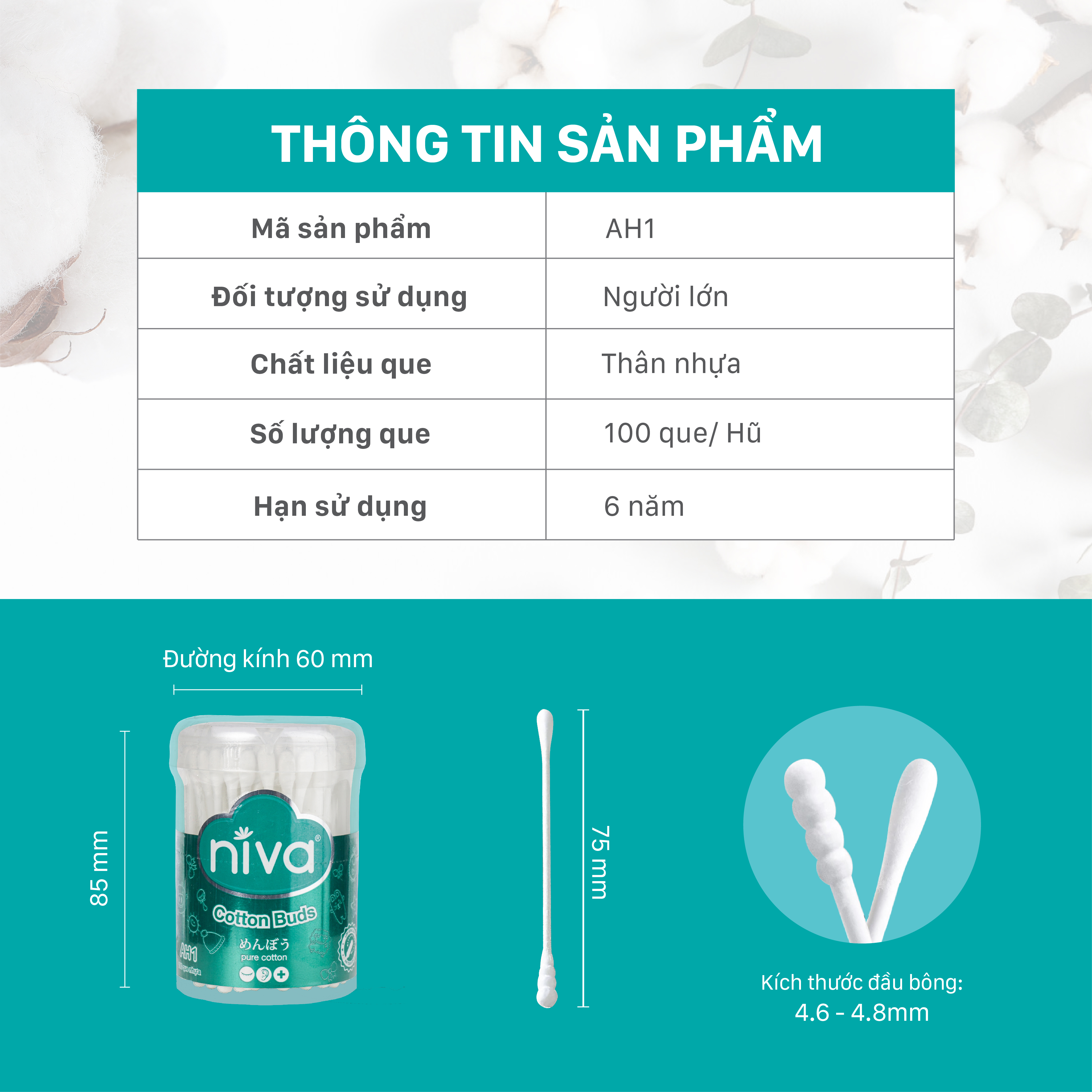 Combo 10 Tăm Bông NIVA Dành Cho Người  Lớn Hũ 100 Que Nhựa Ah1