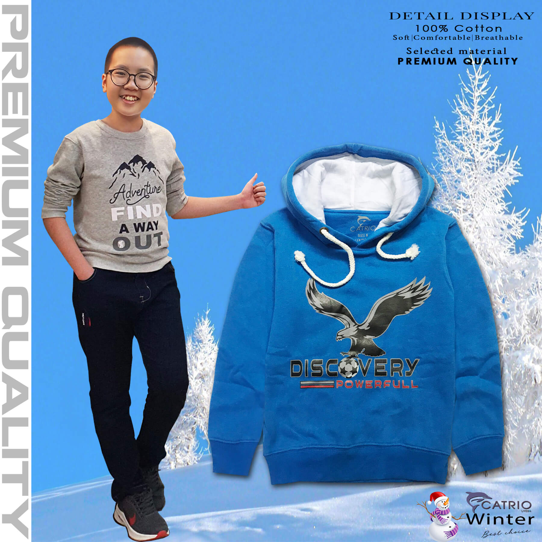 ÁO HOODIES TRẺ EM CATRIO in ĐẠI BÀNG DISCOVERY là áo thun dài tay có mũ có túi thời trang vải 100% cotton ấm mùa lạnh phù hợp với trẻ em bé trai, bé gái 6 tuổi 23kg-7 tuổi 28kg kết hợp quần dài cotton CATRIO thành bộ đồ đẹp MÀU XANH BIỂN