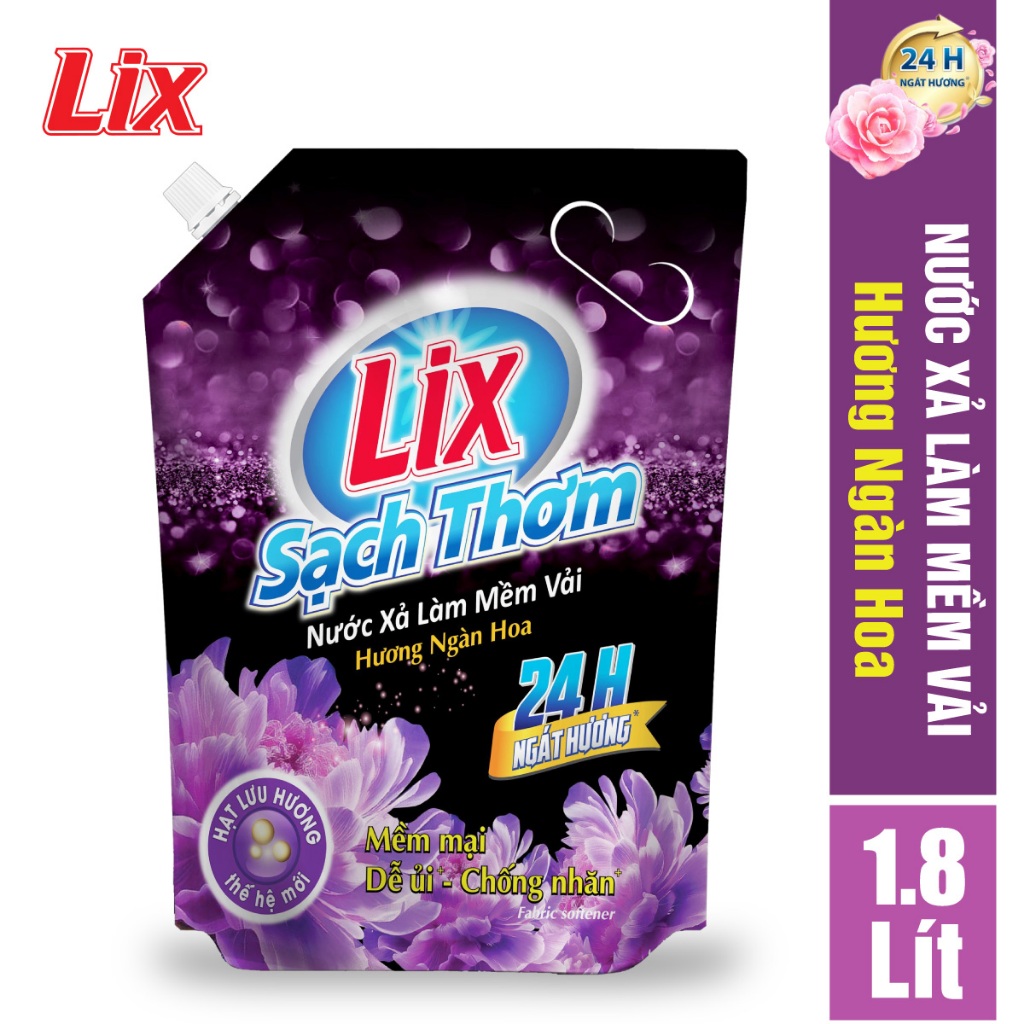 COMBO 2 chai nước xả vải Lix sạch thơm hương ngàn hoa (2 túi x 1.8 lít) L17701