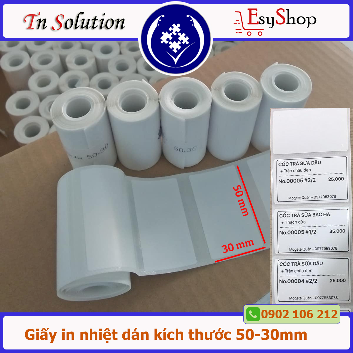 Giấy in nhiệt tem nhãn 50x30mm  cuộn nhỏ dành cho máy in cầm tay ( 5 cuộn giấy)