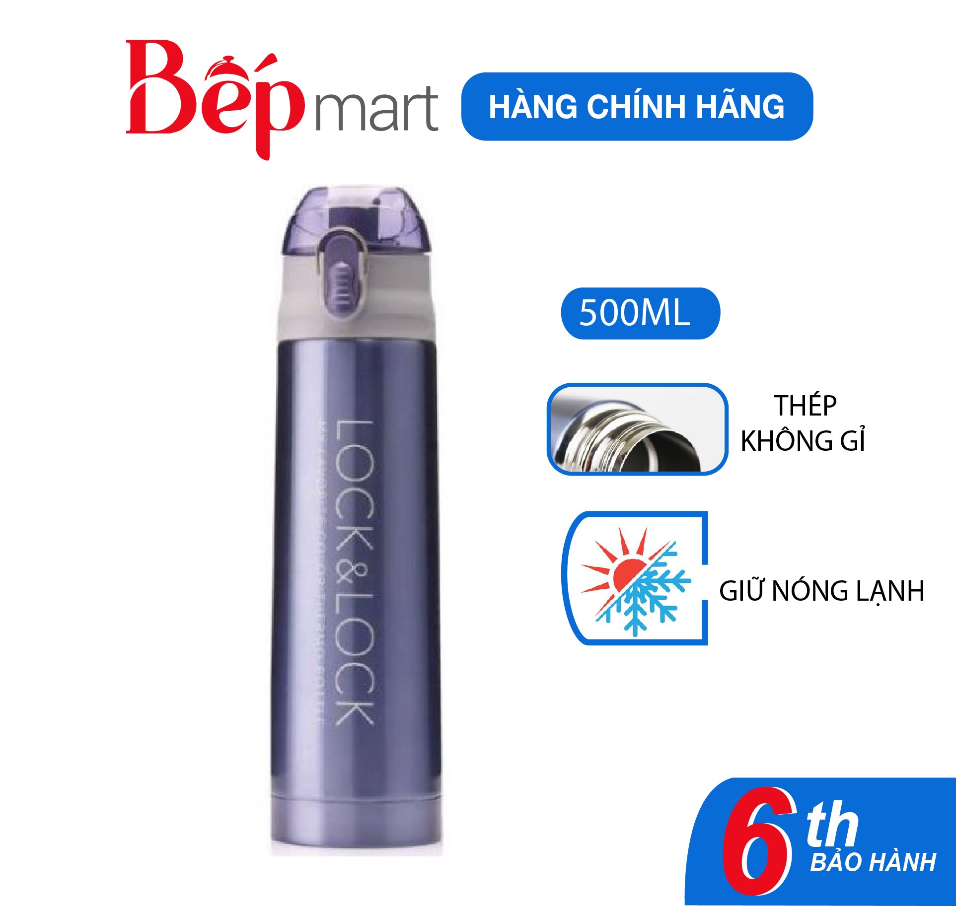 Bình giữ nhiệt LocknLock LHC6800FU, 500ml ,nút bấm tiện lợi, coating phủ đồng - Hàng chính hãng