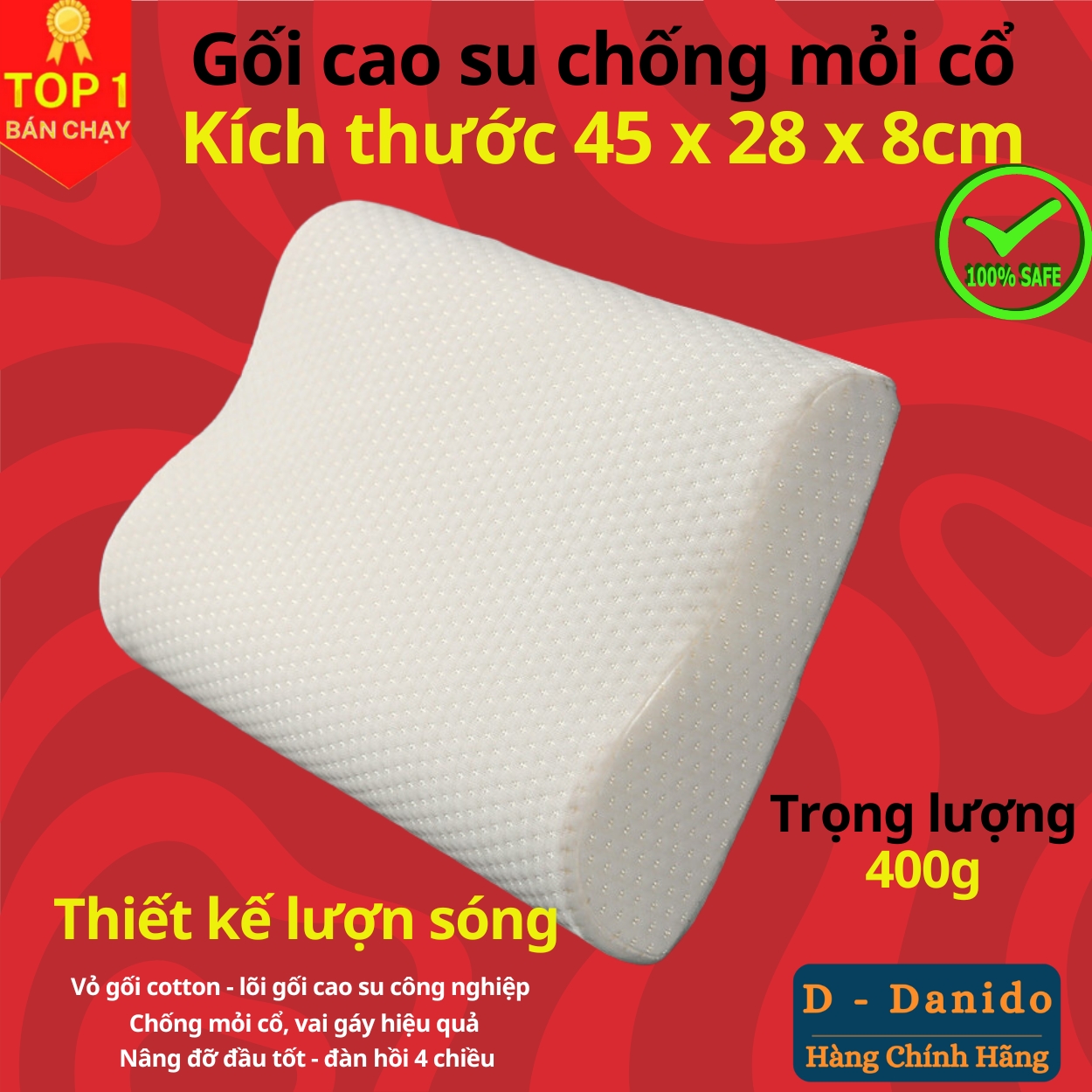 Gối cao su cao cấp chất lượng êm ái thoải mái, Gối cao su chống đau vai gáy, ngủ gáy, nâng đỡ vùng cổ hiệu quả - Hàng chính hãng D Danido