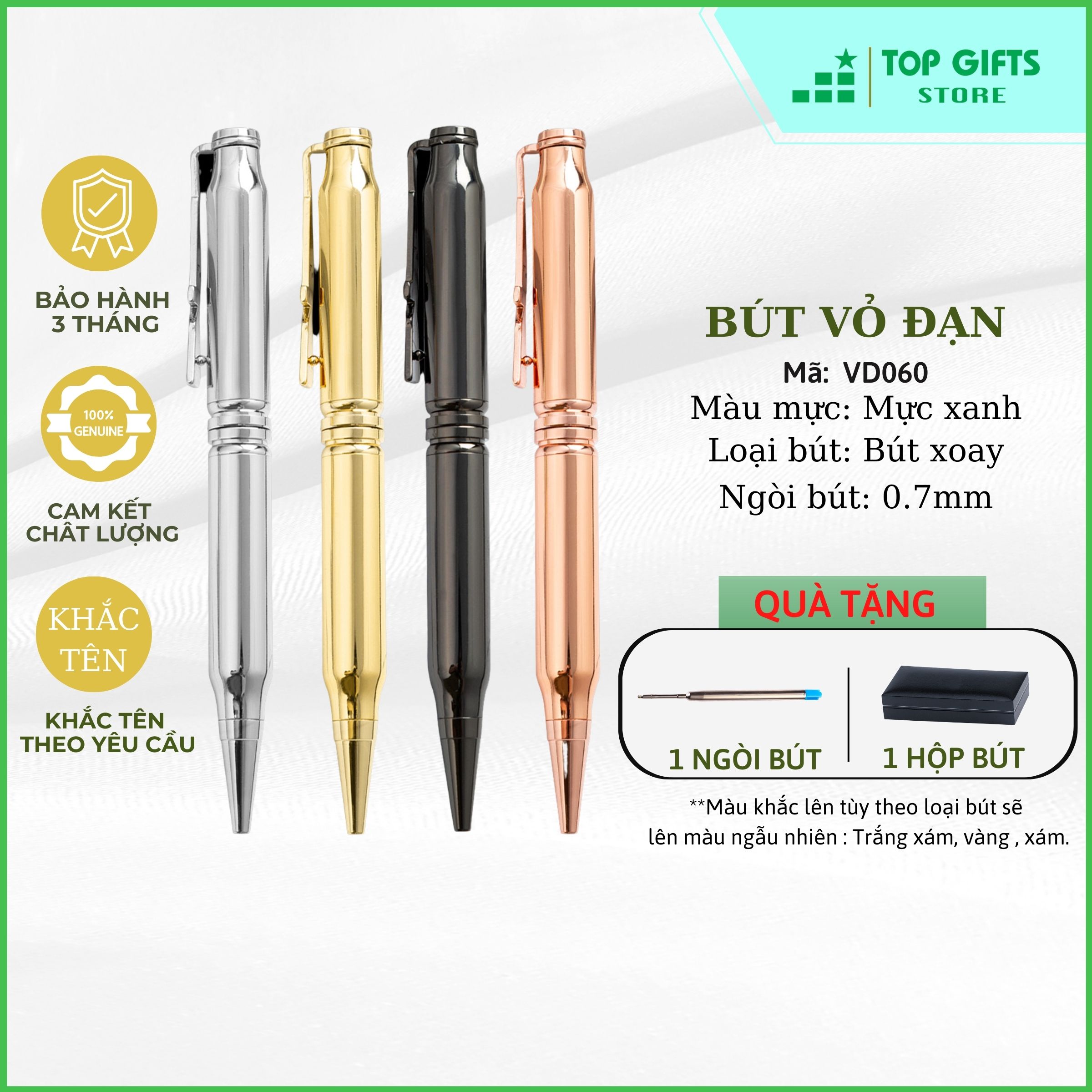 Bút ký khắc tên VD060 - khắc tên theo yêu cầu mực xanh ngòi 0.7mm