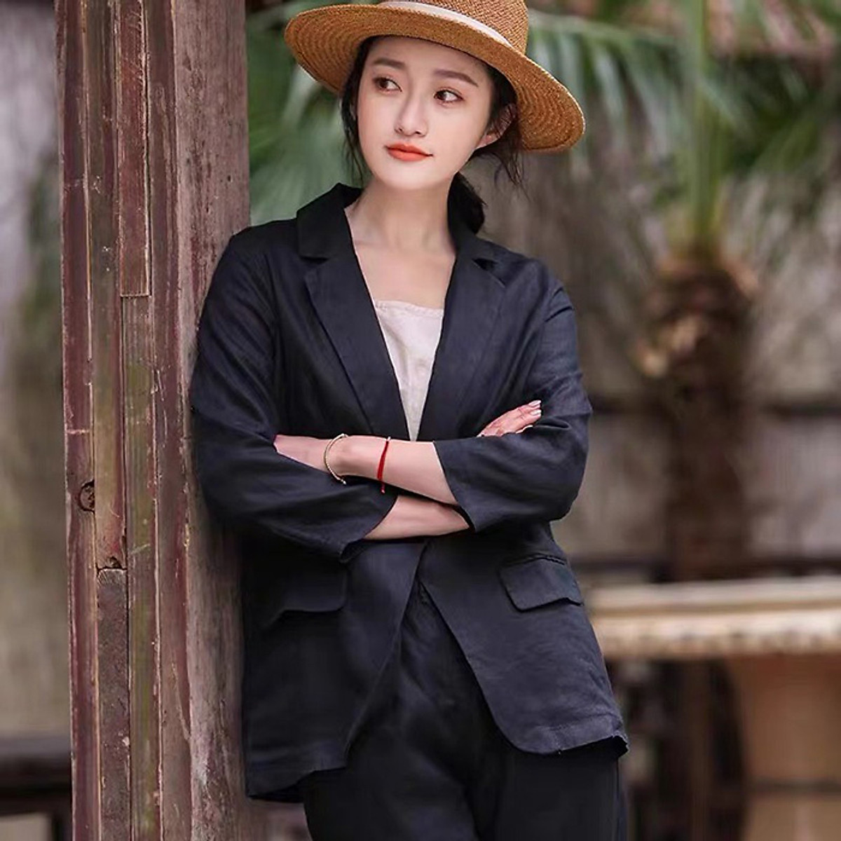 Áo vest blazer, chất Linen bột Premium ve vuông túi bổ trẻ trung