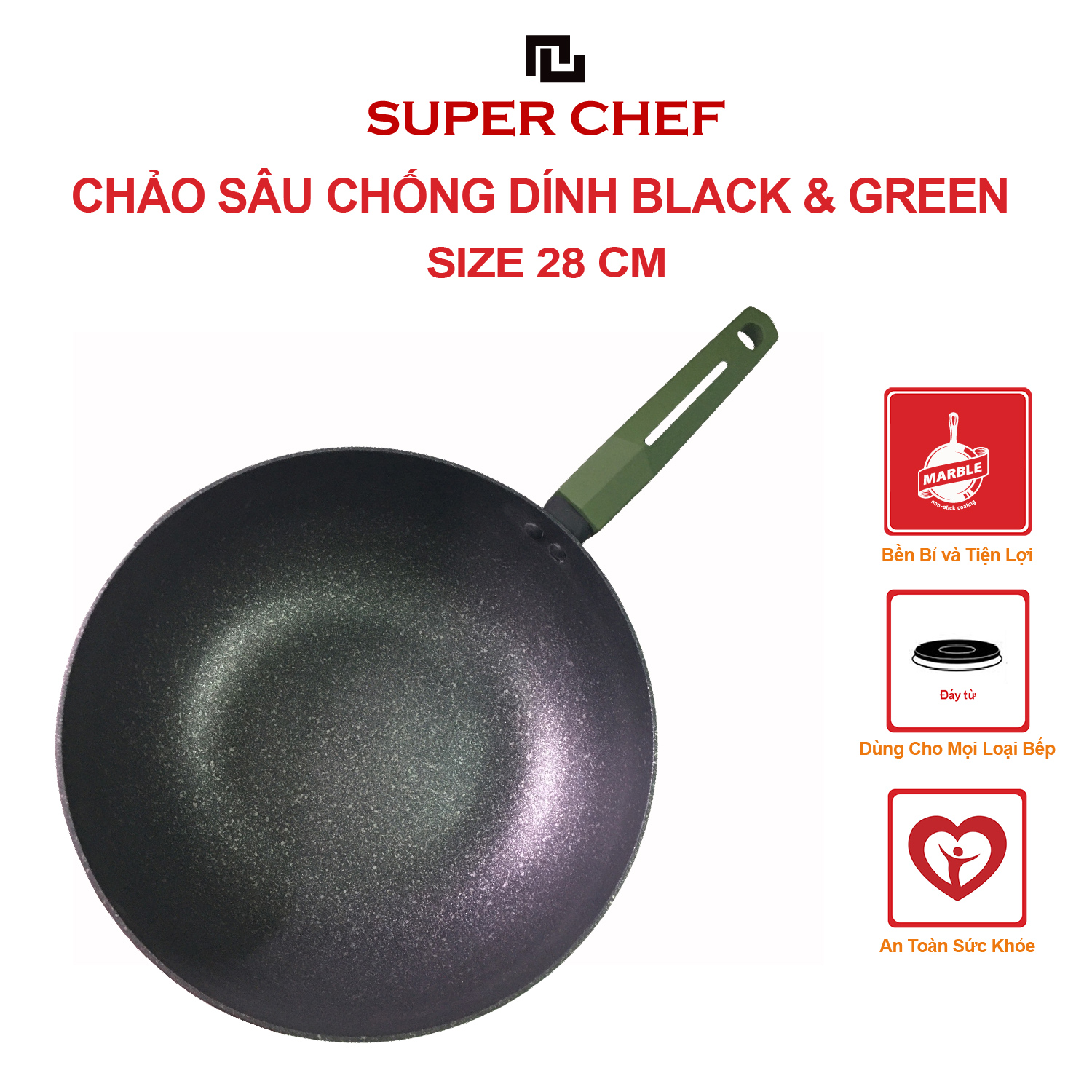 Chảo sâu nắp kính SUPER CHEF black &amp; green h.kim chống dính đáy từ, 28 cm