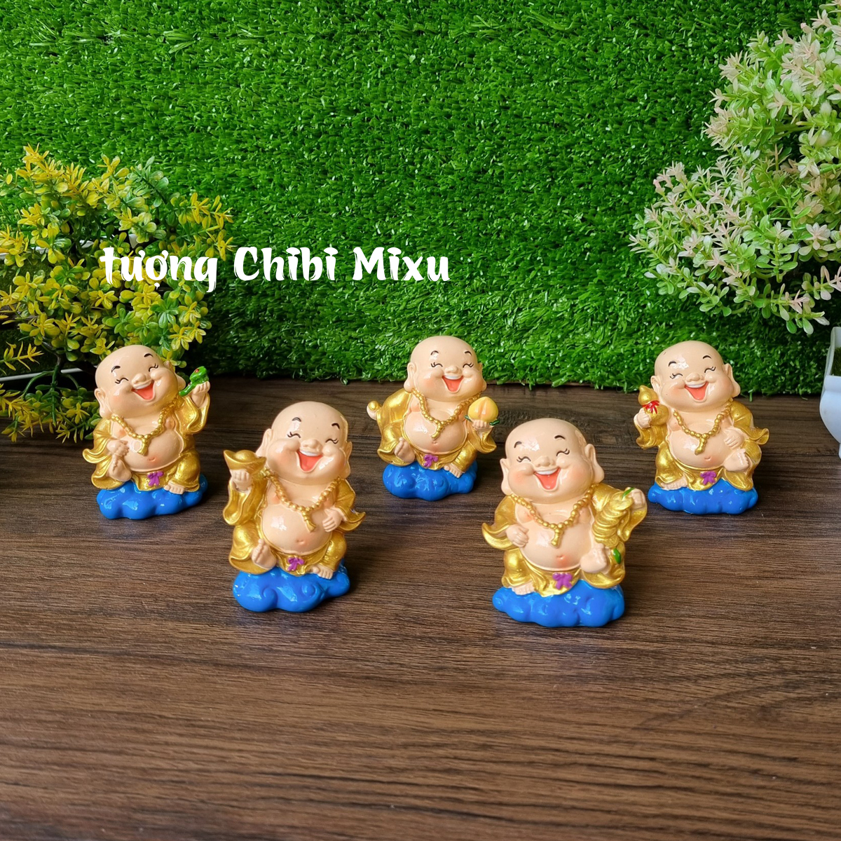Bộ 05 tượng Di Lặc 7cm sơn nhũ vàng cao cấp - Ngũ Phúc Lâm Môn
