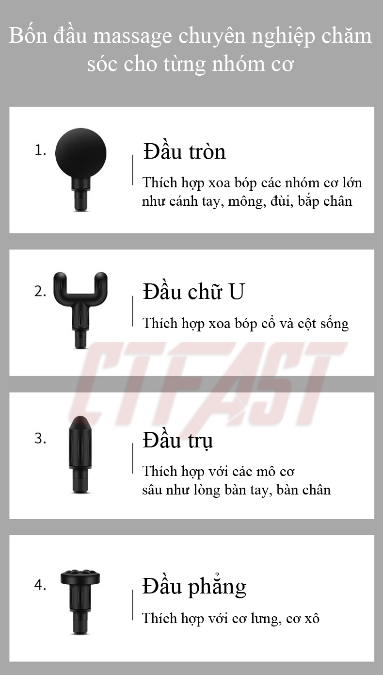 Máy massage mini cầm tay CTFAST-720: Mát xa 6 cấp độ, hỗ trợ maassage chuyên sâu, giảm đau cơ, cứng khớp hiệu quả nhanh chóng, đi kèm 4 đầu chuyên dụng - Quà tặng cho sức khỏe