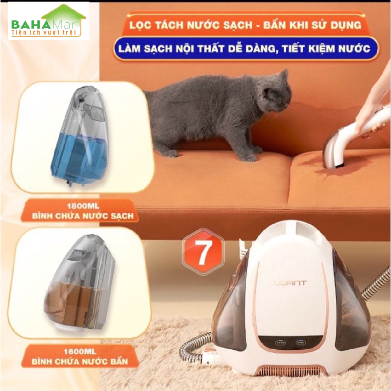 MÁY ĐA NĂNG HÚT CHÂN KHÔNG VÀ GIẶT THẢM, SOFA - MÁY LÀM SẠCH VẢI DI ĐỘNG UWANT B100 &quot;BAHAMAR&quot; giúp loại bỏ hoàn toàn các vết bẩn một cách nhanh chóng và triệt để, đem lại hiệu quả cao nhưng vẫn đảm bảo không làm ảnh hưởng vải