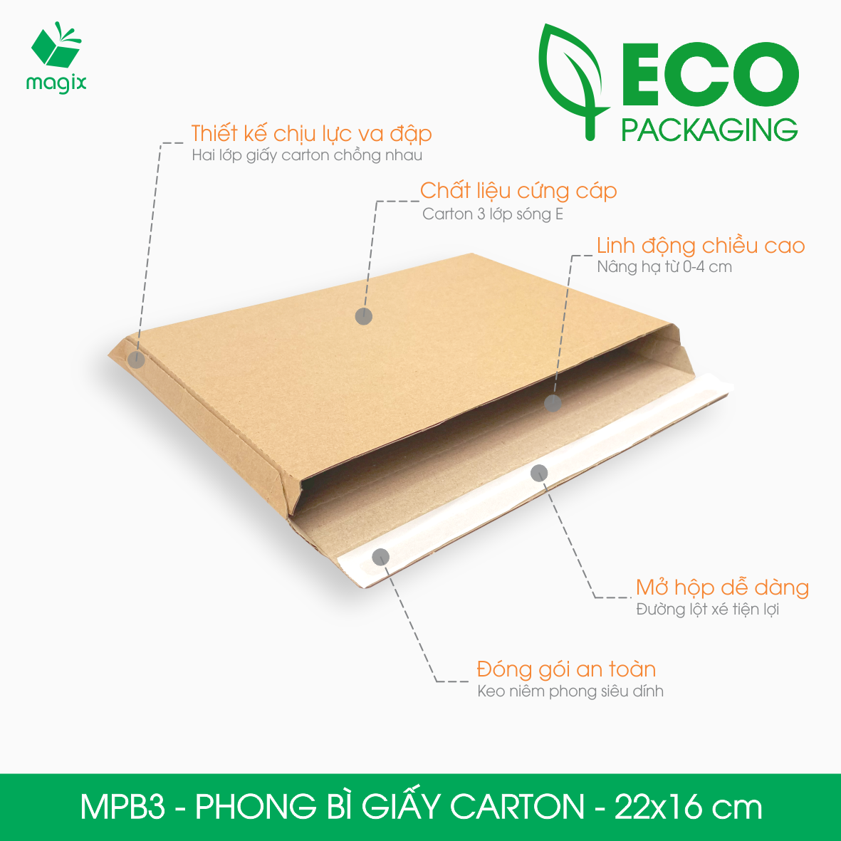 MPB3 - 22x16 cm - 60 phong bì carton đóng hàng - Bìa gói hàng, bìa cứng, bì thư | Magix Packaging