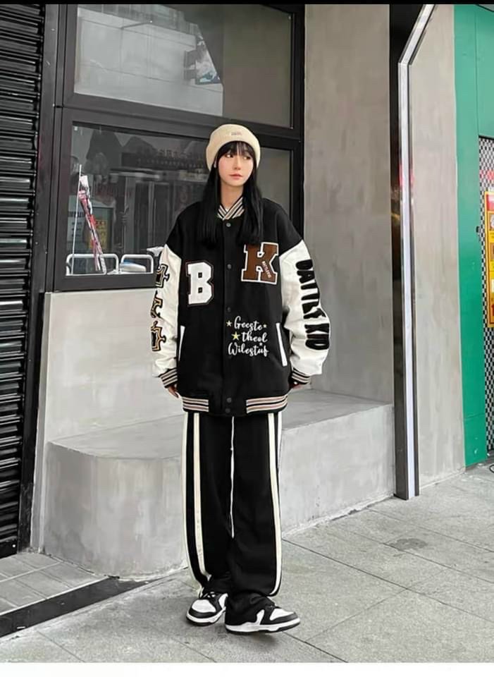 Áo Varsity Jacket - Áo Khoác Bomber Cardigan họa tiết chữ B.K phối bo Siêu Hot nam nữ mặc được