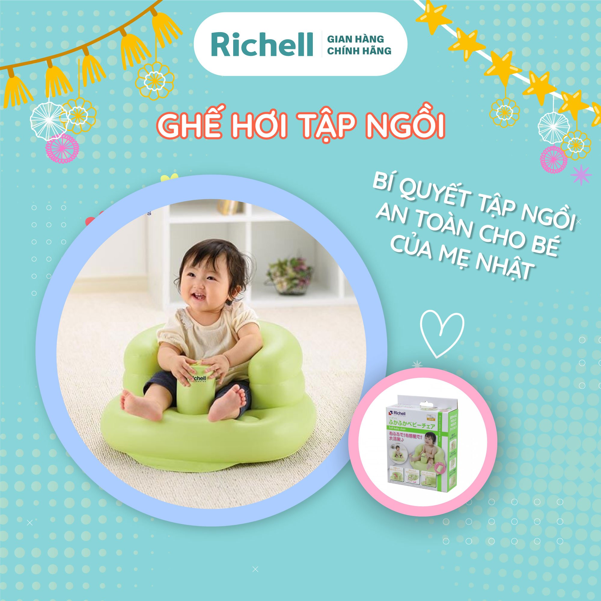 Ghế hơi tập ngồi Richell Nhật Bản cho bé từ 7 tháng tuổi không cần dụng cụ bơm | Baby