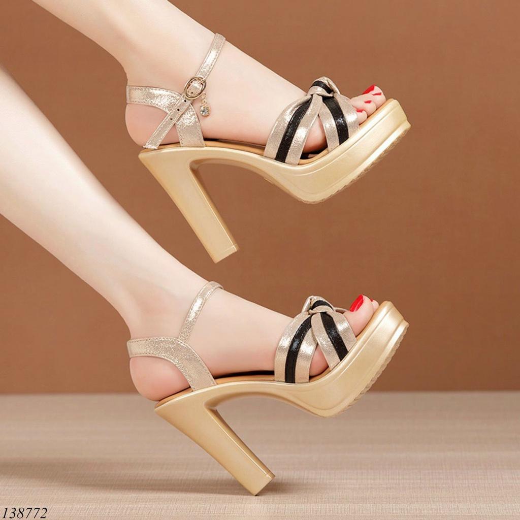 Giày sandal đế xuồng nữ 10cm,giày da xăng-đan cao gót cô dâu mix quai 10 phân vàng đen nhiều màu siêu nhẹ