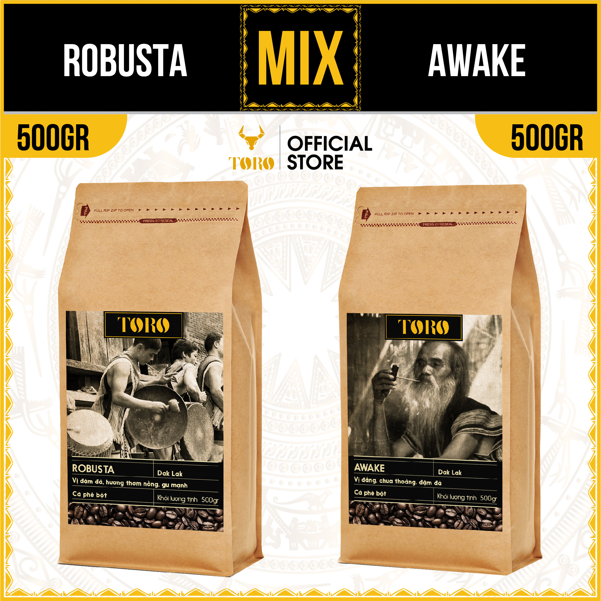 Bộ Mix Cà Phê Bột Toro Robusta & Toro Awake Nguyên Chất 100% | 500GR/ gói | TORO FARM