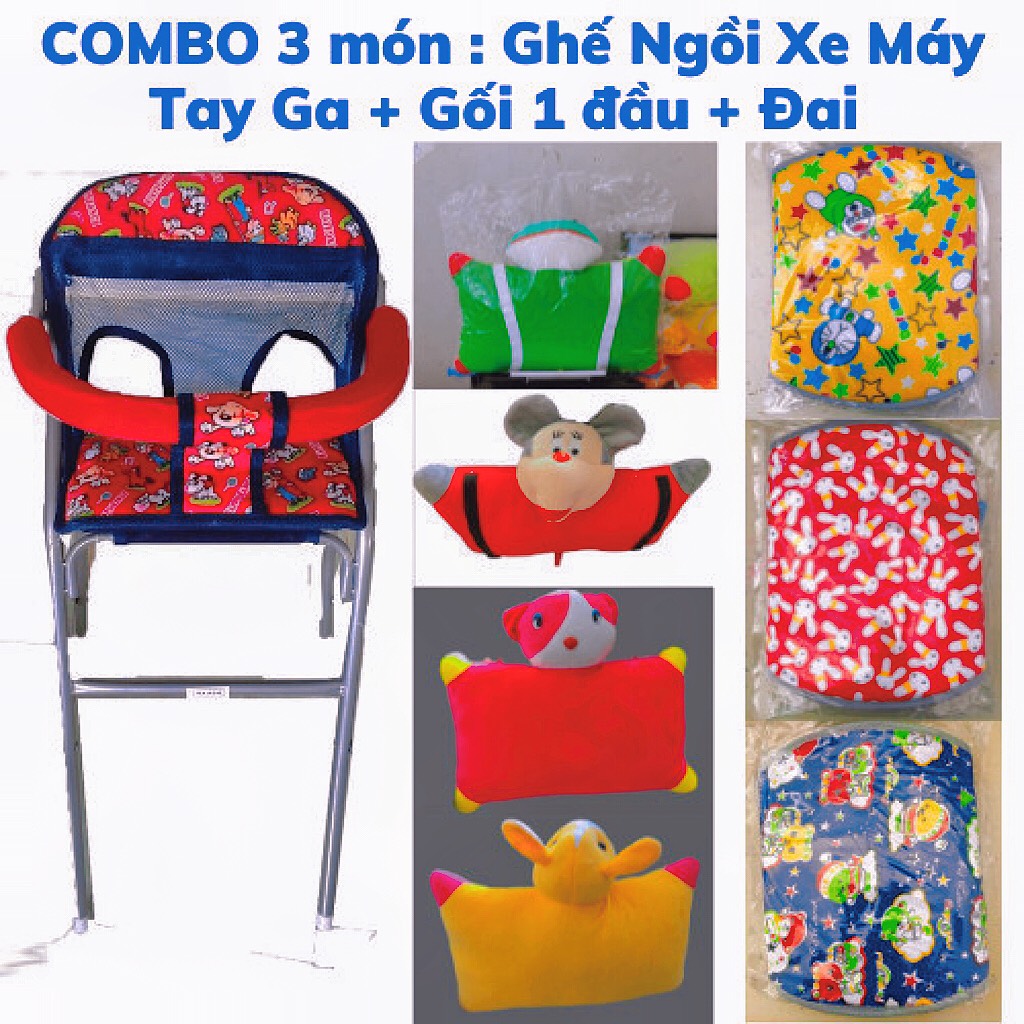 Combo ghế ngồi xe tay ga + gối 1 đầu + đai cho bé