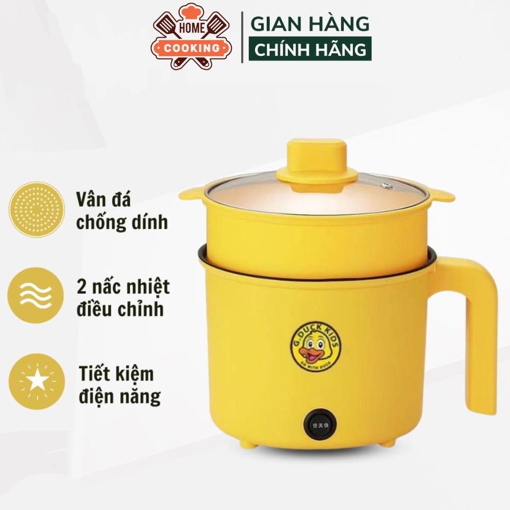 Nồi lẩu mini đa năng, ca nấu mì Vịt Vàng 18cm 2 nấc nhiệt kèm giá hấp nhựa,đế chống dính, chiên xào, hấp, luộc tiện dụng