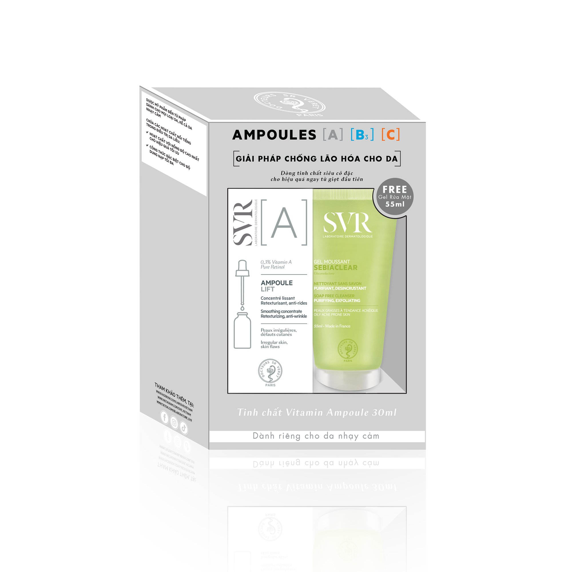 Combo Tinh chất SVR Ampoule Lift 30ml và Rửa mặt SVR Sebiaclear Gel Moussant 55ml giúp làm mịn da nhiều khuyết điểm