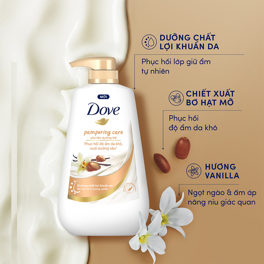 Sữa tắm dưỡng thể Dove Pampering Care phục hồi độ ẩm da khô với bơ hạt mỡ và hương hoa vanilla 500g