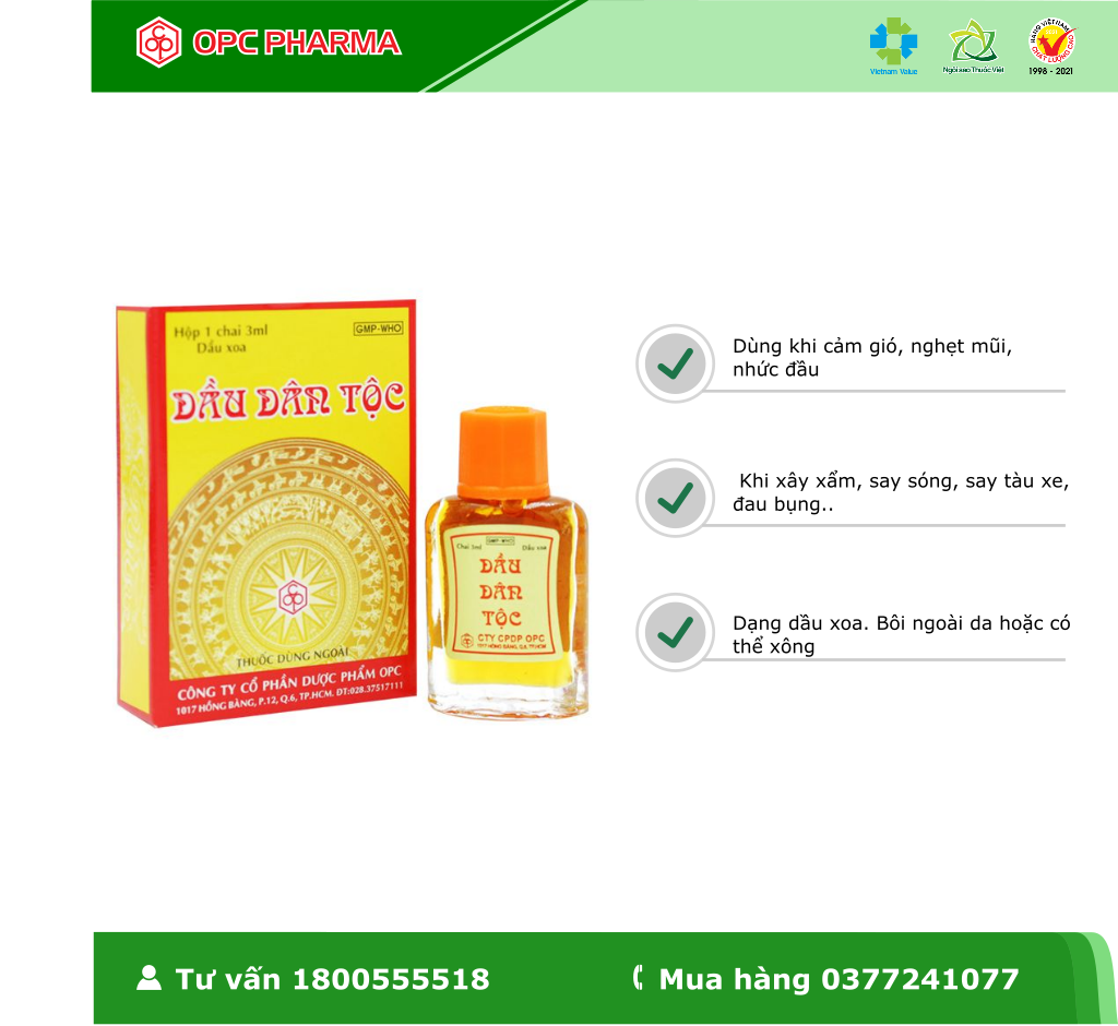 DẦU DÂN TỘC OPC -Dùng khi bị cảm gió, nghẹt mũi, nhức đầu, say sóng, say tàu xe, đau bụng - Hàng chính hãng OPC.