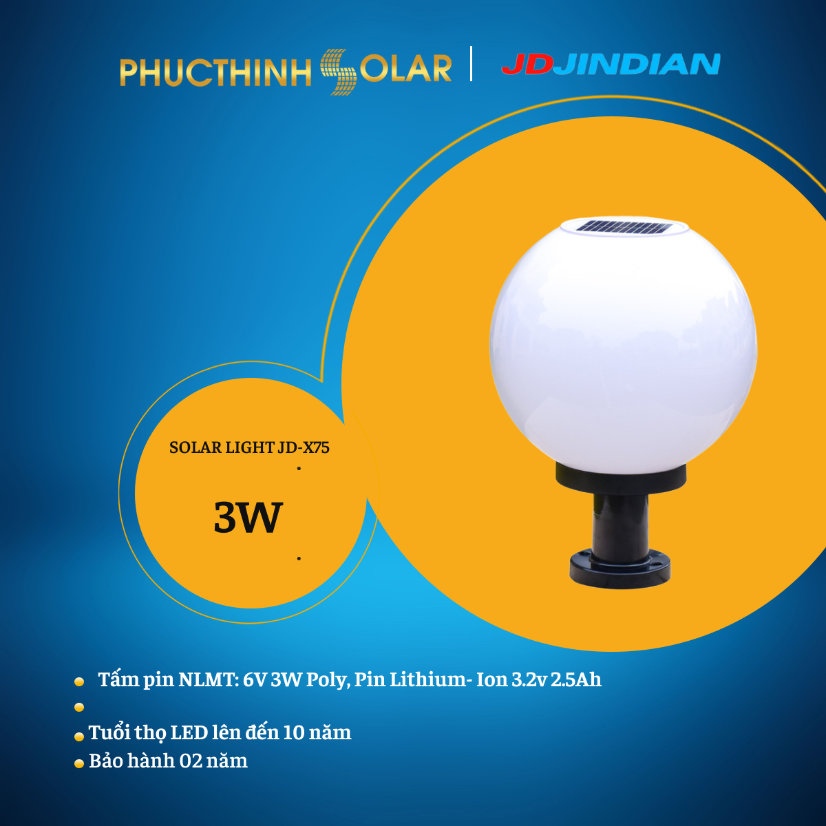Đèn Trụ Cổng Tròn Năng Lượng Mặt Trời 3W Jindian JD-X75, Đèn Trụ Cổng 3W, Đèn Ngoài Trời | Phúc Thịnh Solar