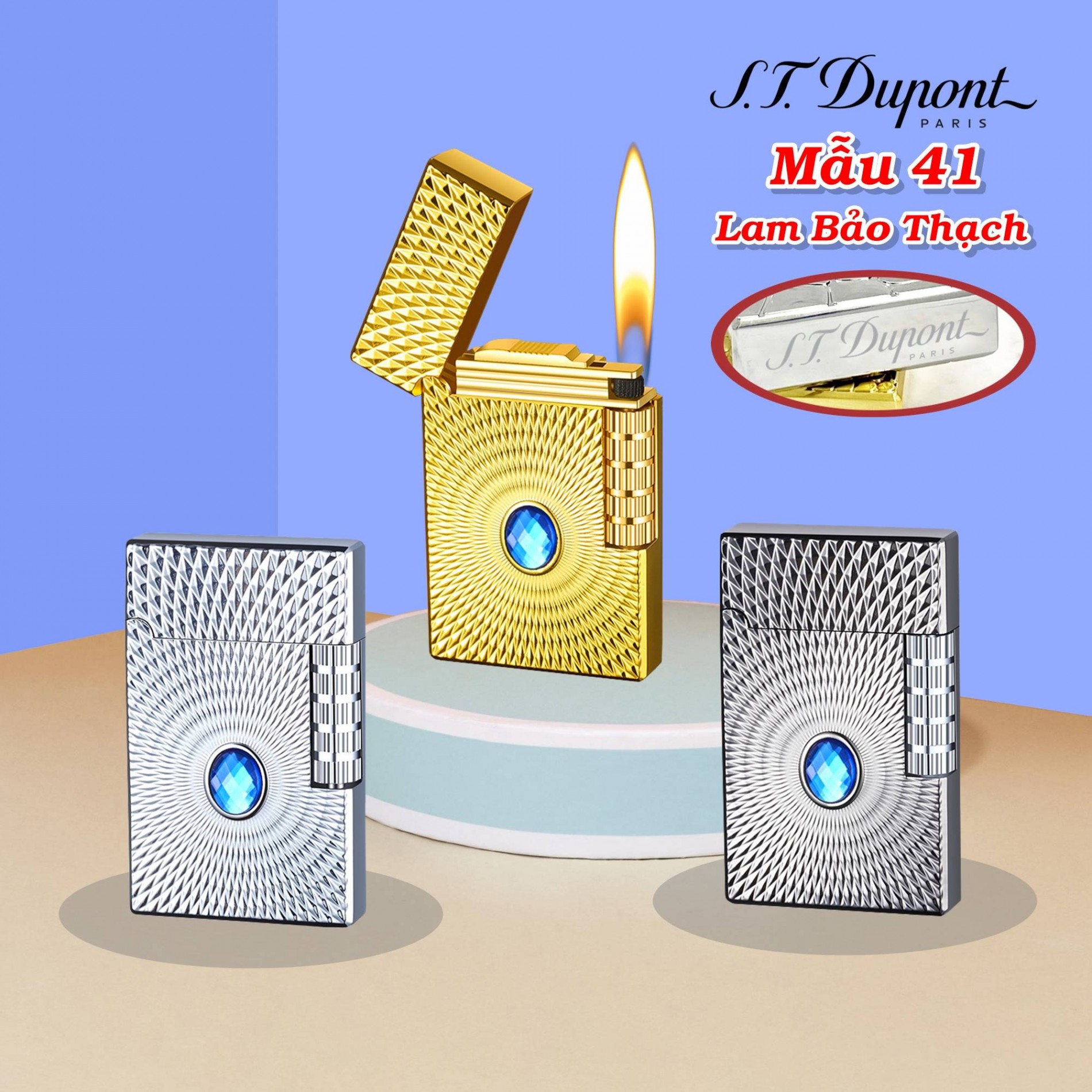 Bật lửa hột quẹt Dupont lốc xoáy cẩn ngọc Lam Bảo Thach M41 - xài gas