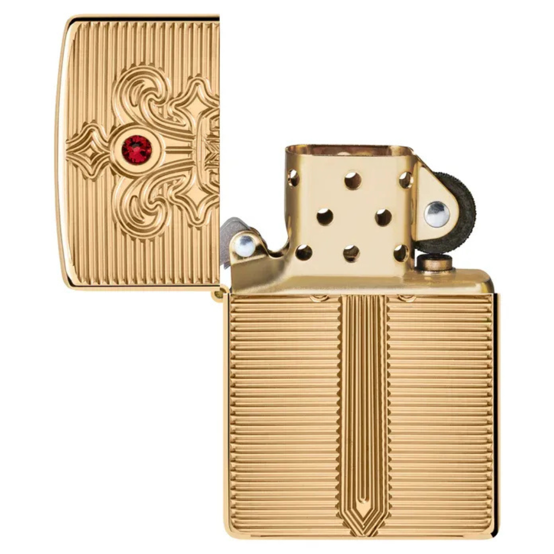 Bật Lửa Zippo Armor Royal Saber Design – Zippo High Polish Brass Khắc Sâu Deep Carve Đính Đá Ruby Chính Hãng USA