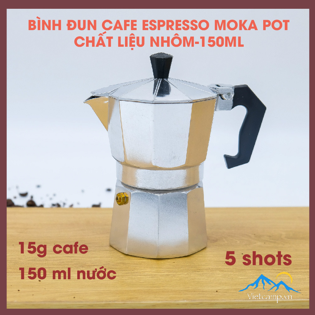 Bình đun cafe Espresso siêu tốc Moka Pot - 150 ml nước - 15 gram cafe - Màu bạc - Chất liệu nhôm - Pha được 5 shot