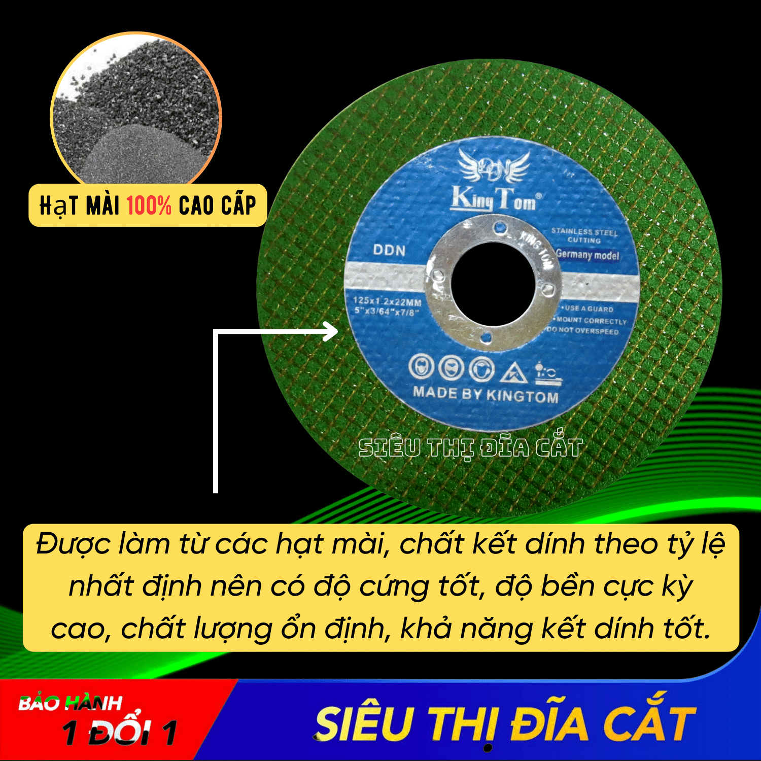 Đá Cắt KingTom Xanh 125x1.2x22mm - Hộp 50 Viên, Cắt Sắc Bén Và Hạn Chế Bụi