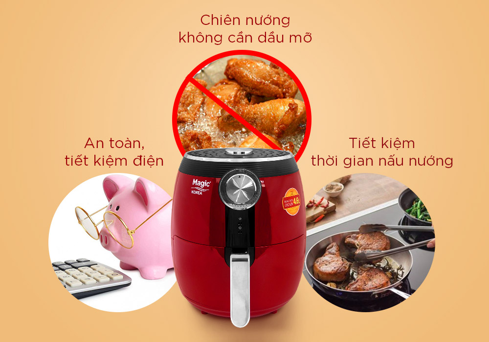 Nồi Chiên Không Dầu Magic A-802 (4.6 Lít) Đỏ- Hàng Chính Hãng