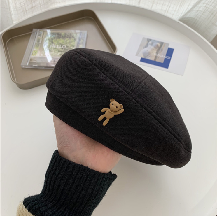 Mũ nồi beret vải nữ tính gắn gấu dễ thương Vintage đội đầu phối đồ đi học đi chơi thu đông xinh giá rẻ