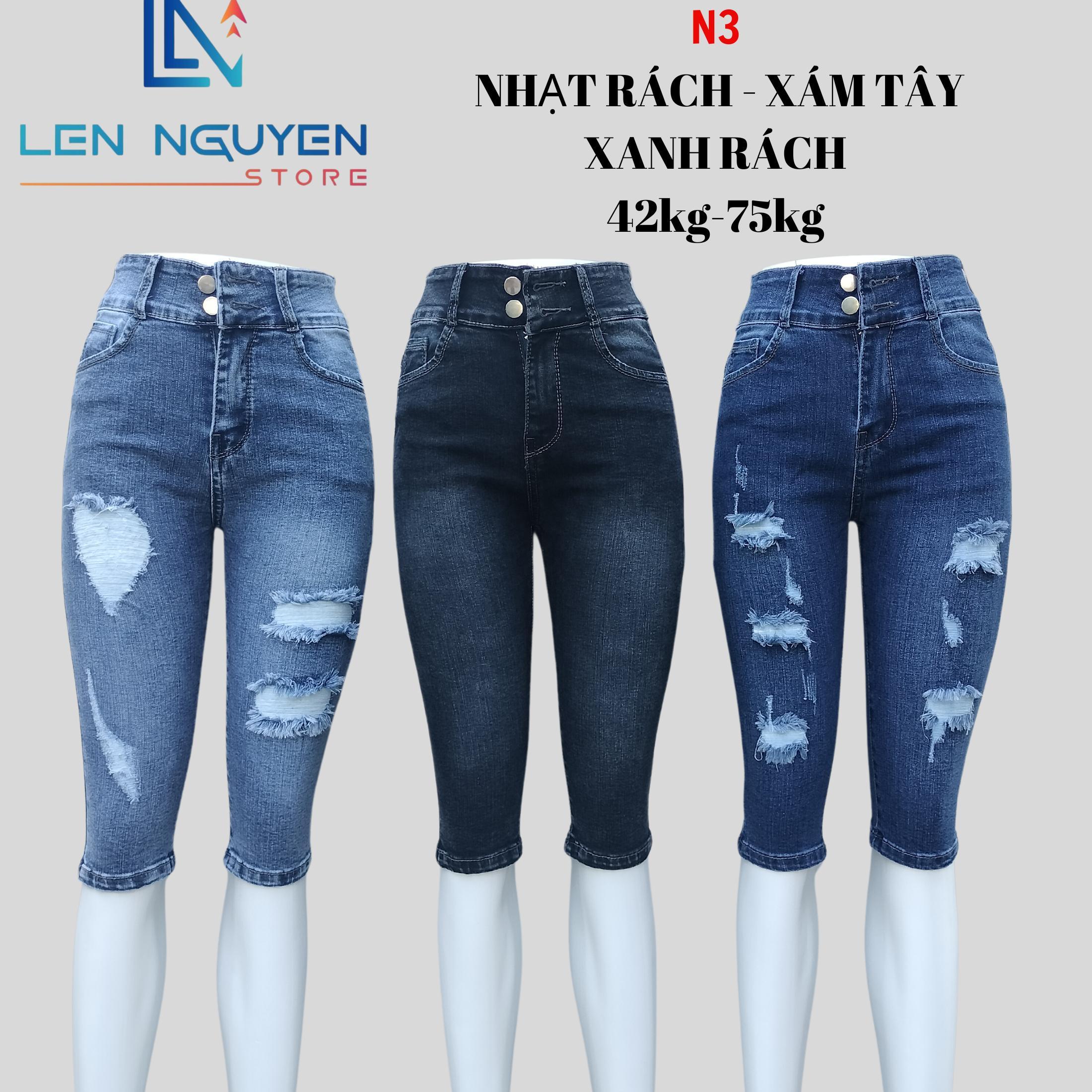 N3_ 5 tất Quần Jean Nữ Ngố, Quần Bò Nữ Lưng Cao 2 Nút Vải Cao Cấp Co Giãn, Mềm Mịn Pants Women