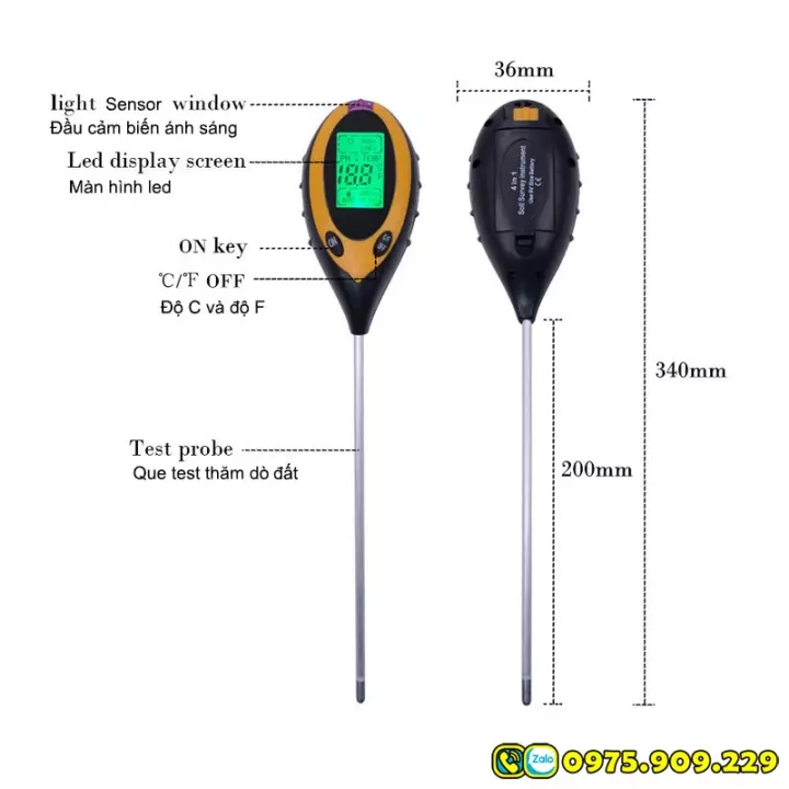 Máy đo, dụng cụ đo độ PH đất 4 trong 1(PH, độ ẩm, ánh sáng, nhiệt độ)