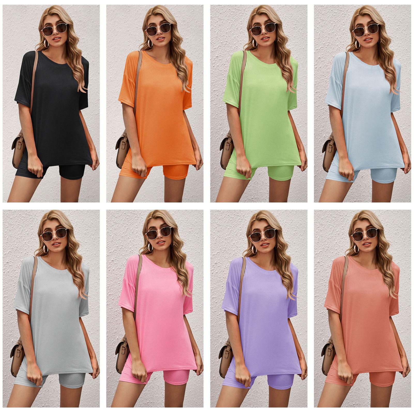 Women Pajamas Set Ribbed O Neck Short Sleeve Tee Elastic Waist Shorts 2 Pieces Casual Loungewear Set Sleepwear